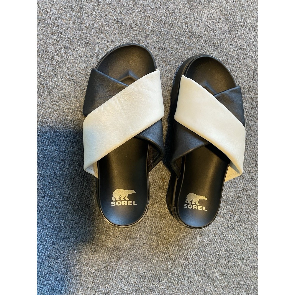 Sorel Viibe Sandal Womens 10.5 Black White Crisscross Leather Strap Platform